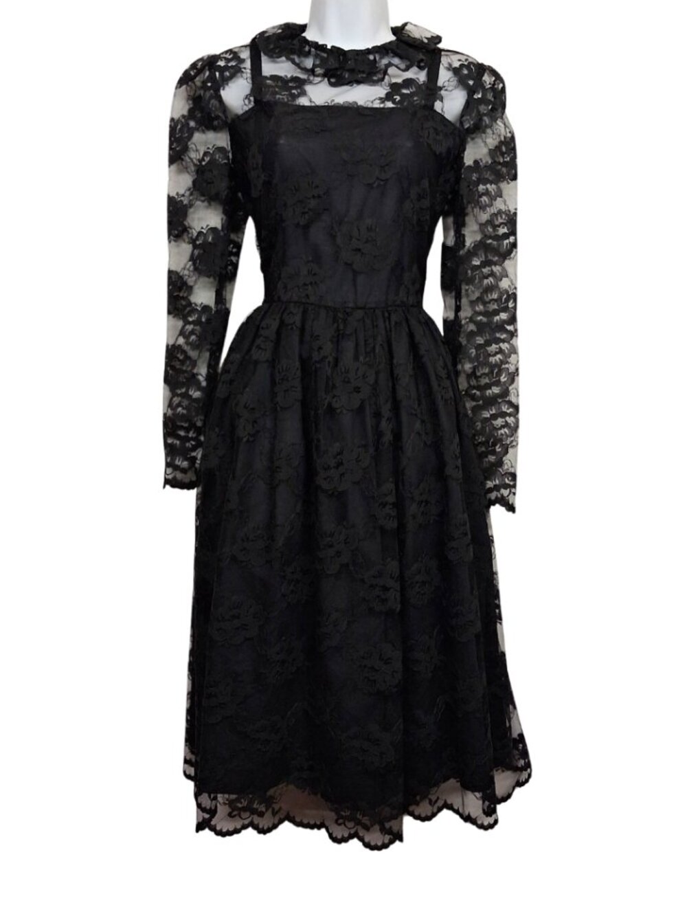 VTG CARON Black Lace Dress Long Sleeve Midi Made In USA Floral Print 4 Small
